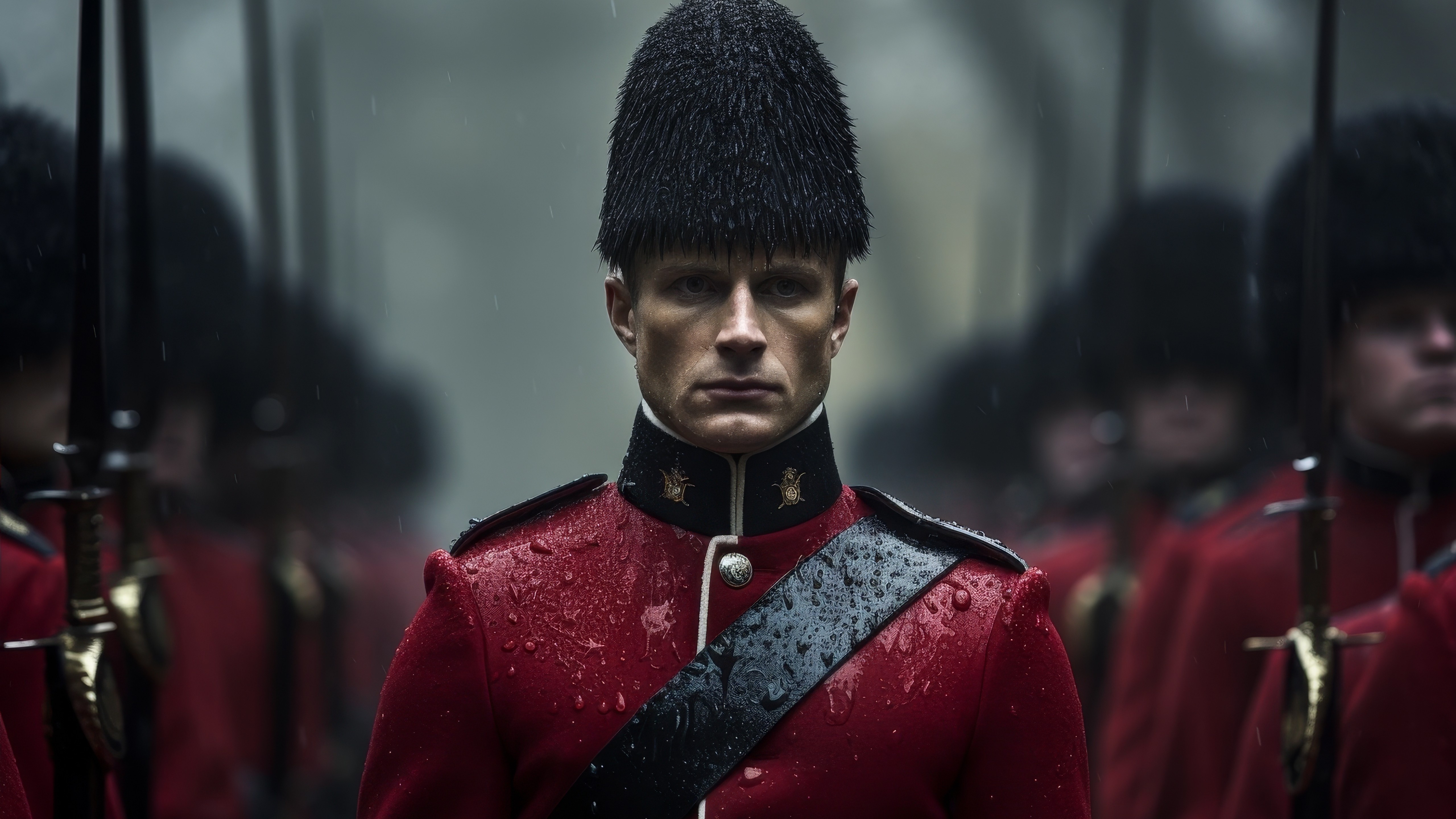 Stoic Guard Stoic Guard in Rainy Parade Formation 5K AI Art Wallpaper - backiee