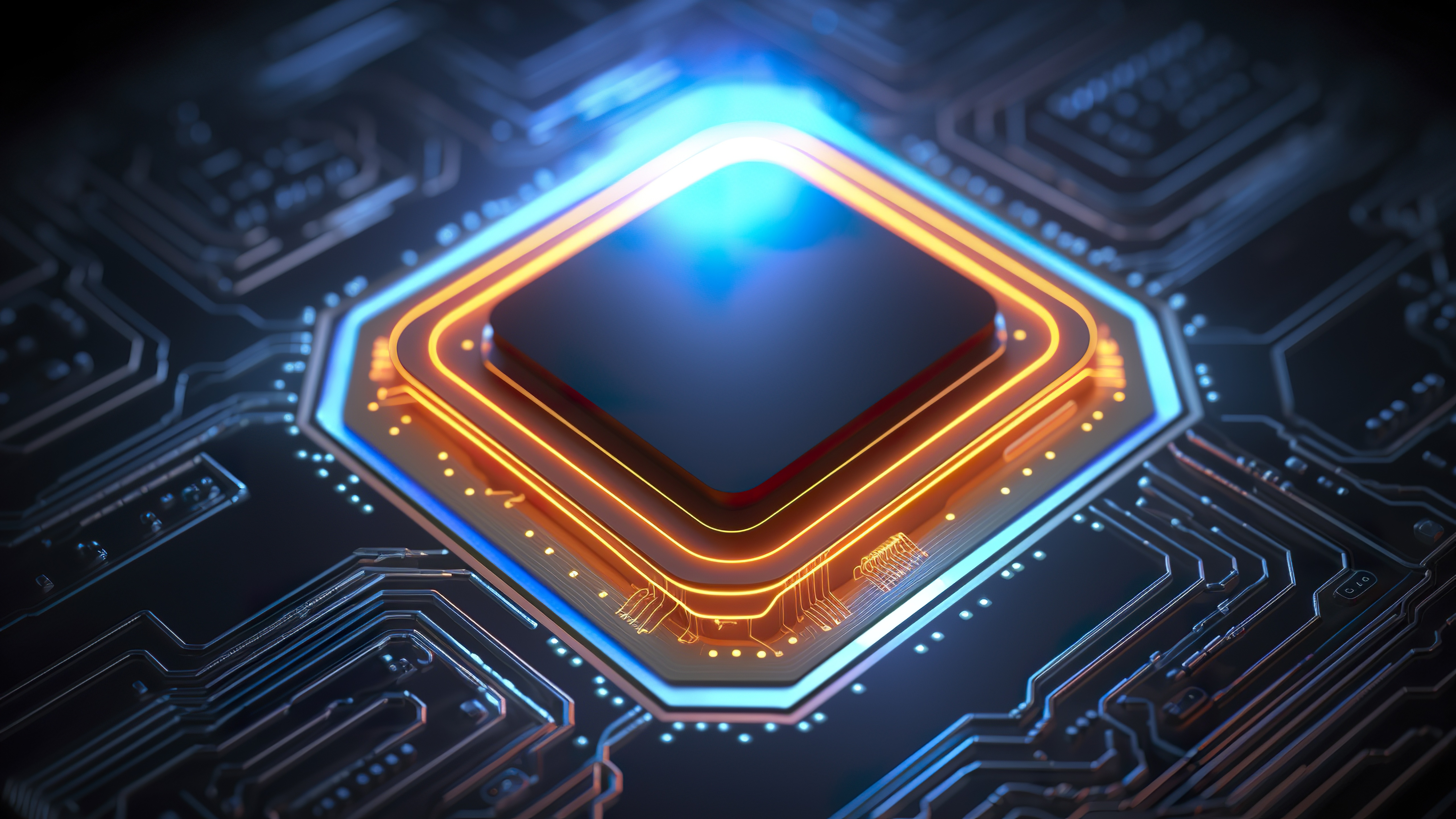 Neon Quantum Processor Core on Futuristic Circuit Board - backiee