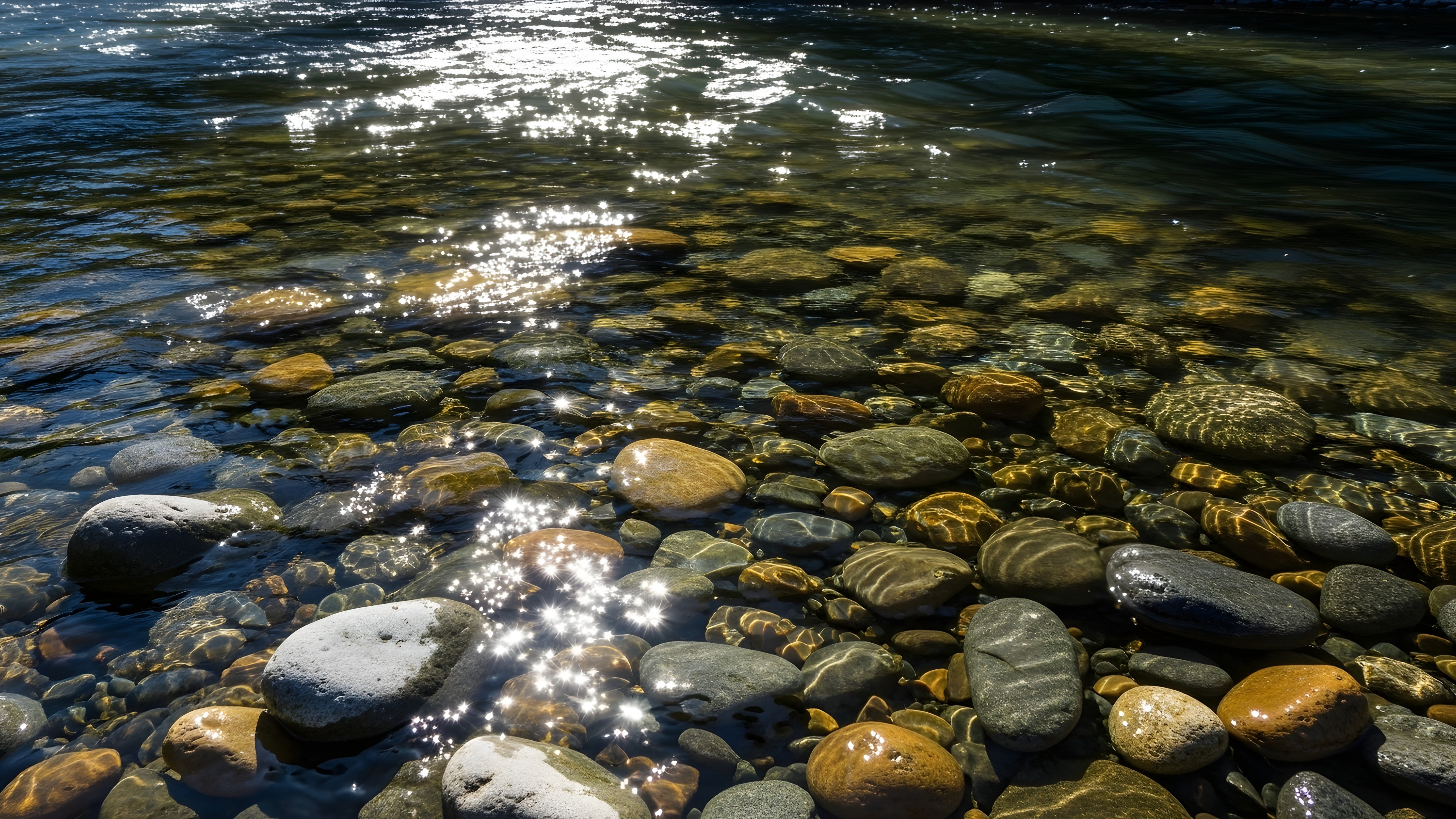 Sunlit Crystal Riverbed Over Smooth Pebbles in Clear Water - backiee