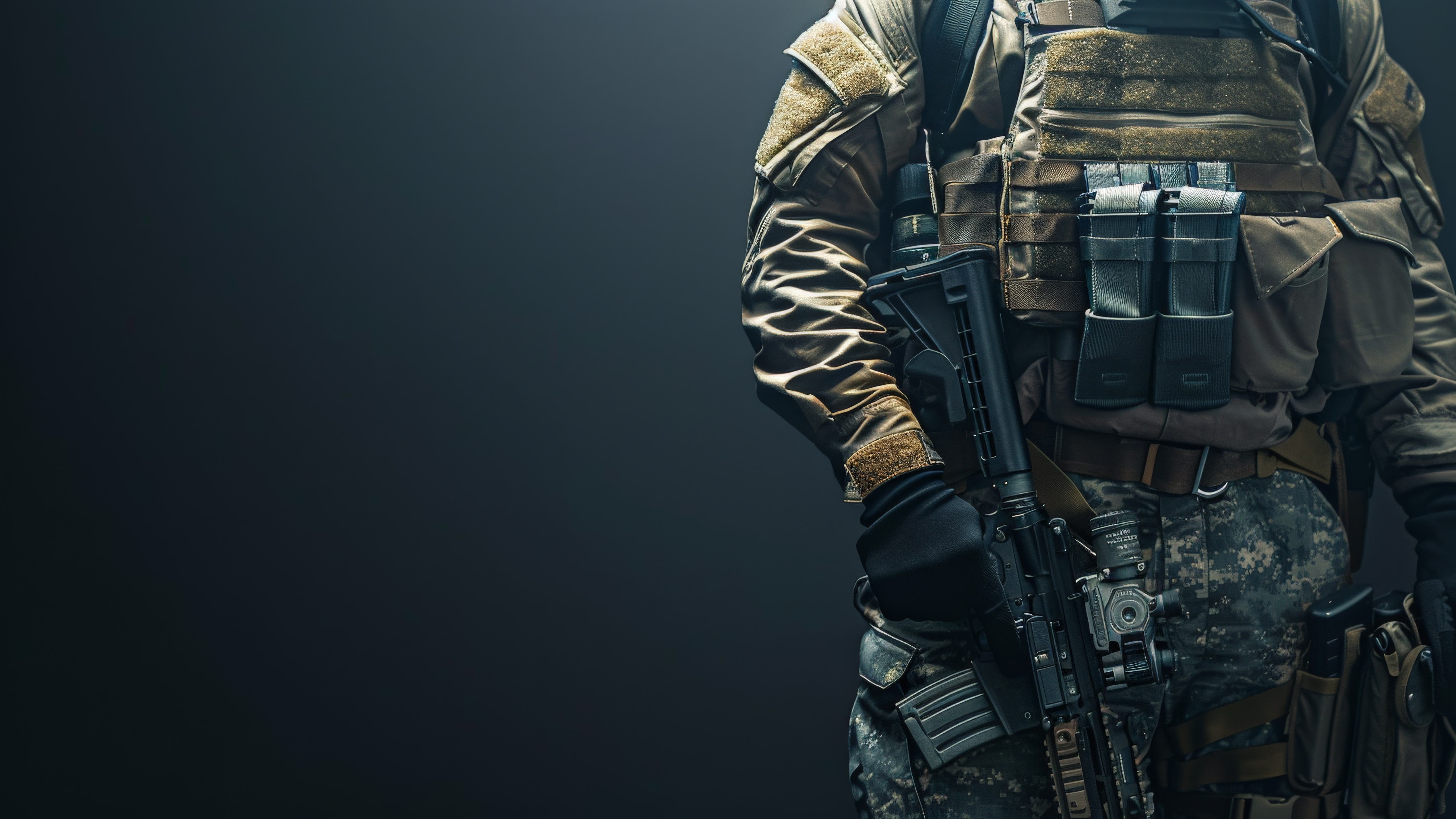 Tactical Infantry Soldier Holding Rifle in Modern Combat Gear - backiee