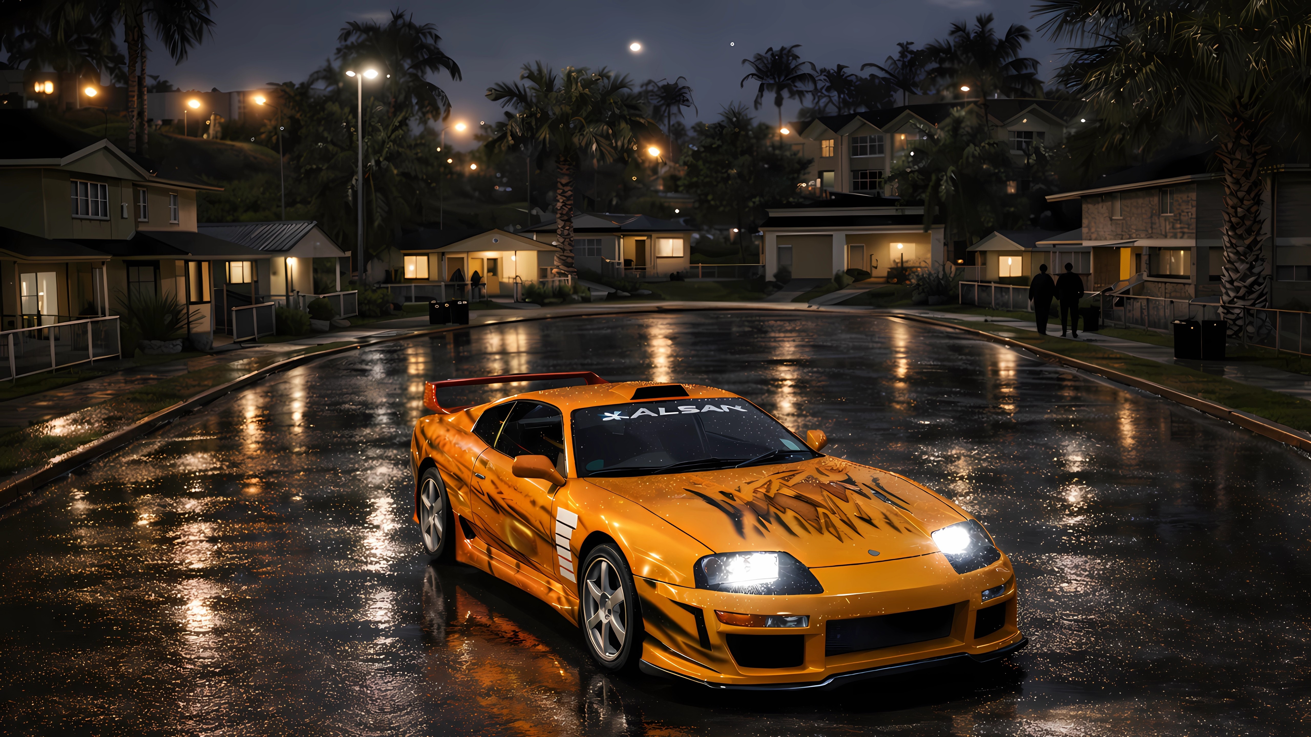 Street Racing Colors Neon Rain Reflections on a Yellow Street Racing Icon - backiee
