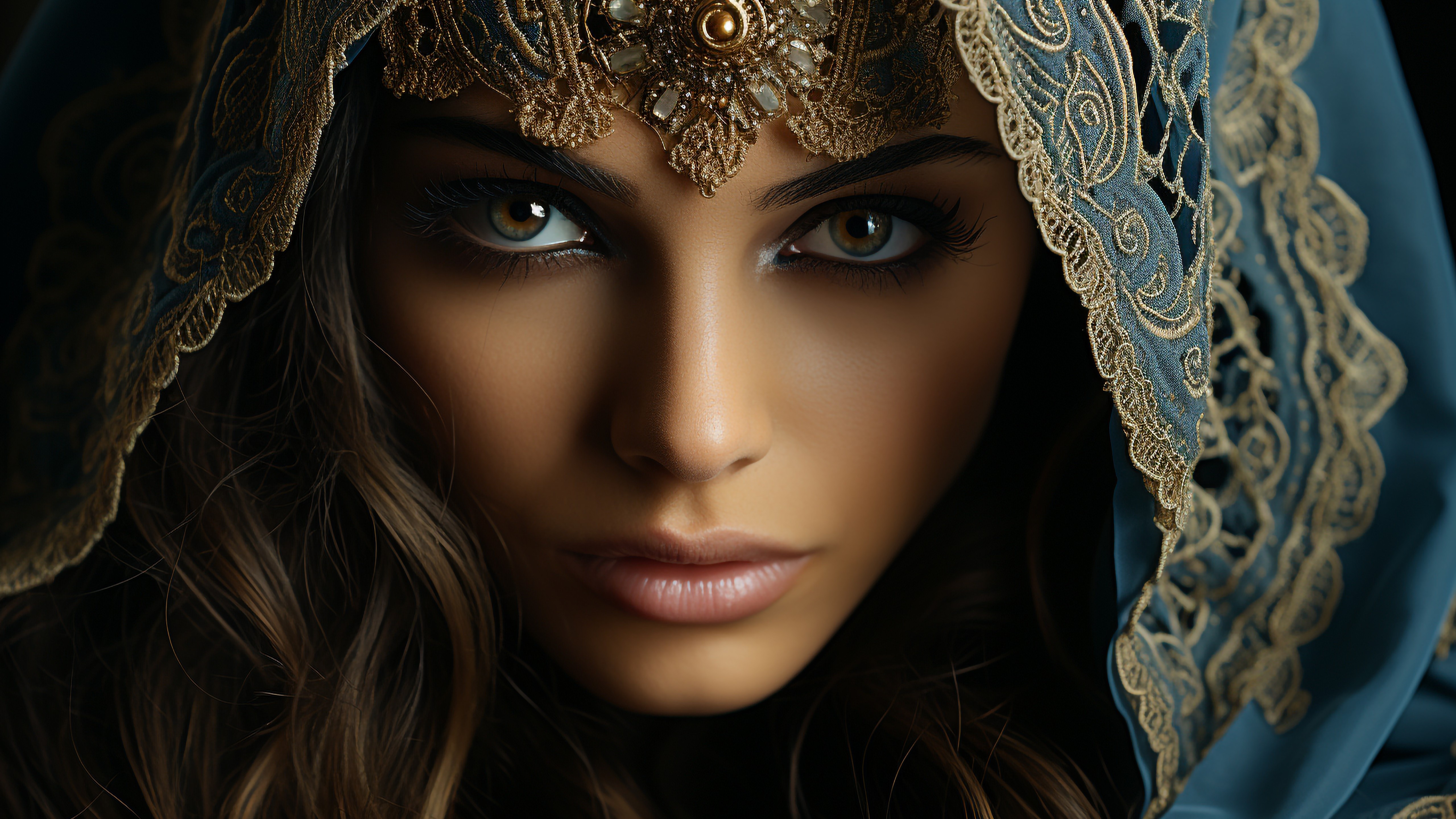 Veiled Enchantress Portrait in Golden Lace and Midnight Blue - backiee