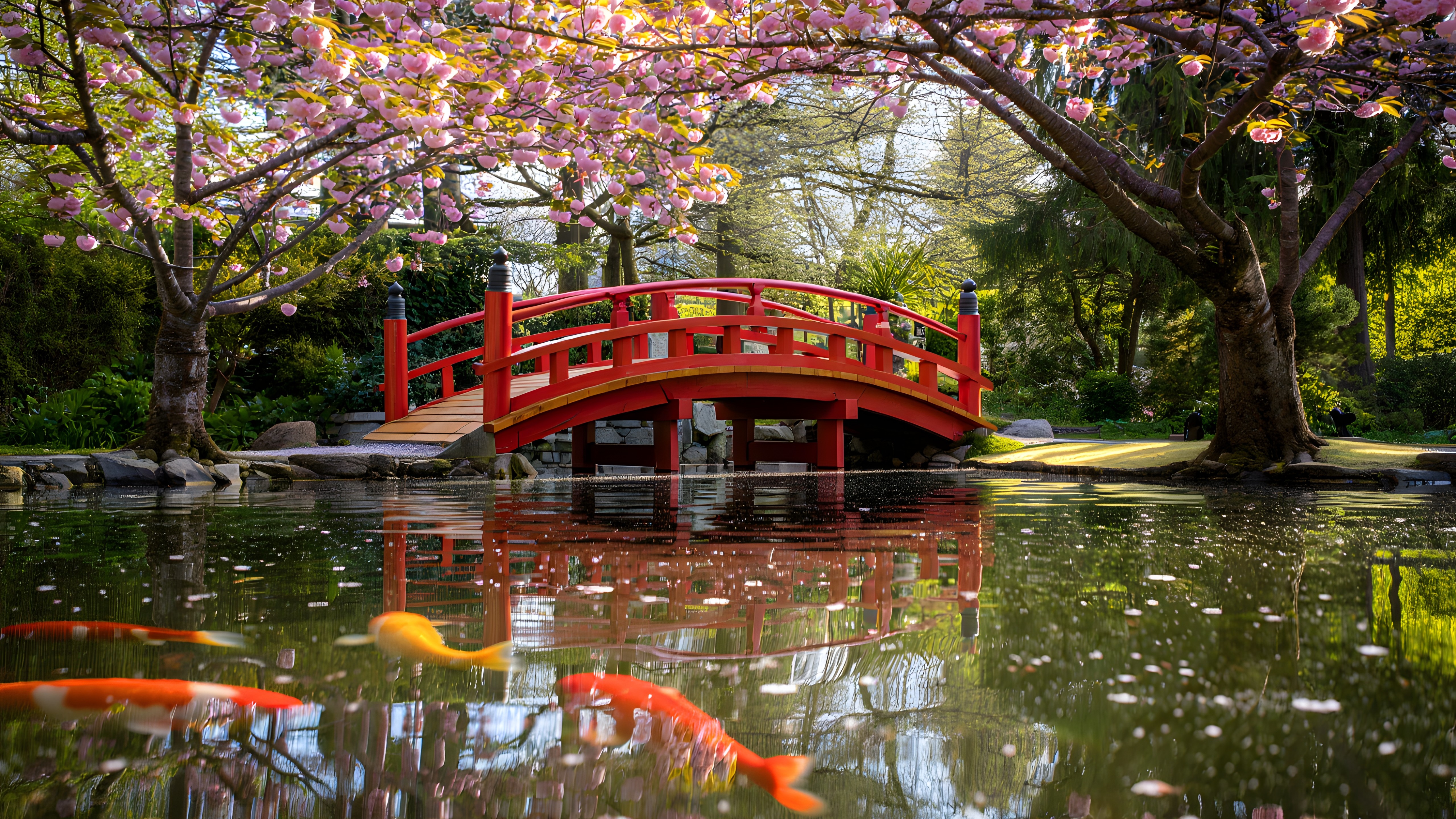 Cherry Blossom Bridge Over Tranquil Koi Pond - backiee