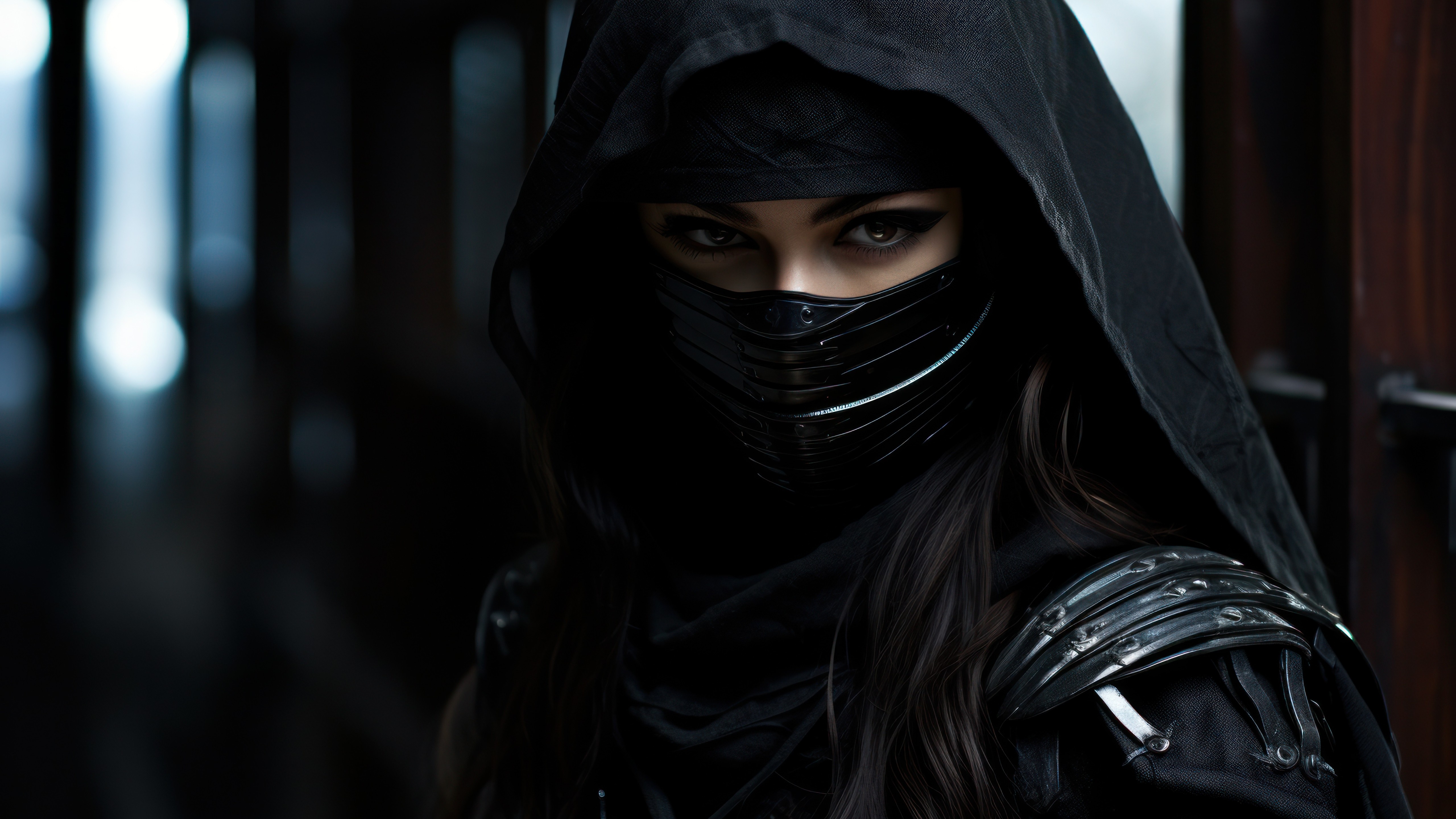 Shadowed Kunoichi Warrior Beneath the Hood - backiee