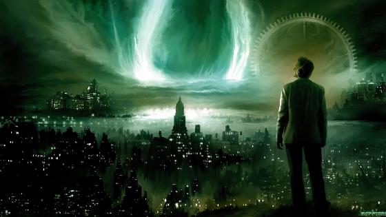 Ethereal City Under the Aurora Night Sky wallpaper