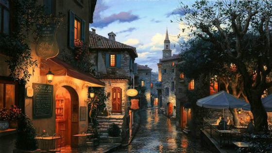 Rainy evening painting art wallpaper