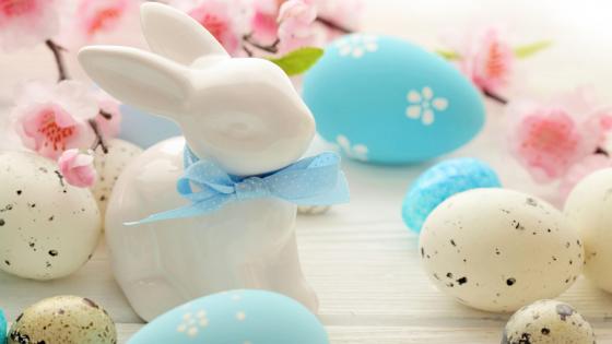Easter Elegance Ceramic Bunny and Eggs Display wallpaper