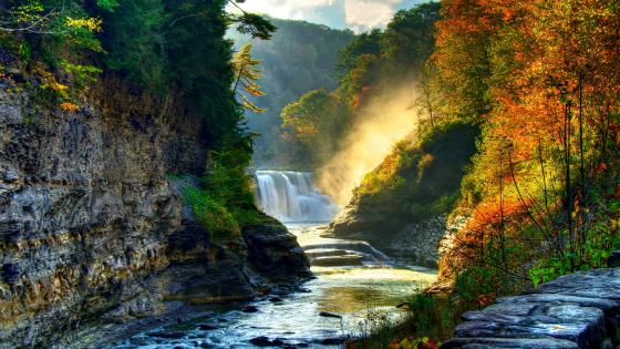 River cascade in the fall forest wallpaper