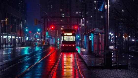 Tram in the night city wallpaper