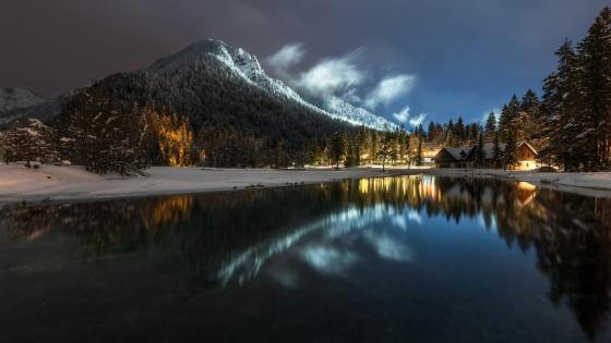 Winter night at Lake Jasna (Slovenia) wallpaper