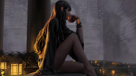 Contemplation at Dusk in a Fantasy Metropolis wallpaper