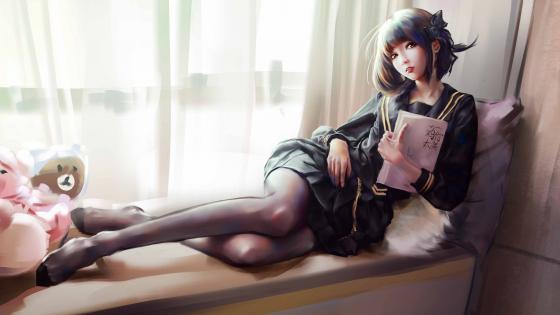 Serene Anime Schoolgirl Lounging wallpaper