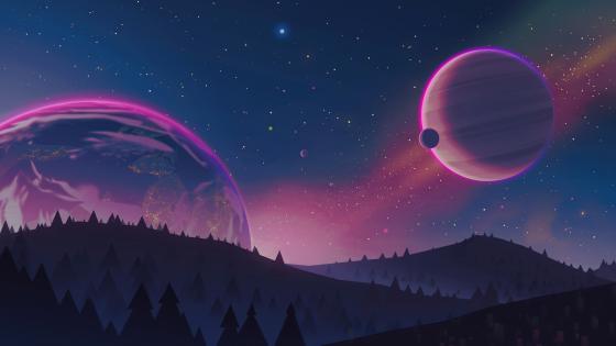 Starry Sky Over Futuristic Fantasy World wallpaper