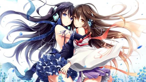 Ethereal Vocaloid Duo in a Whimsical Embrace wallpaper