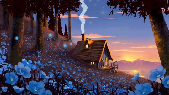 Fantasy house with blue flowers wallpaper