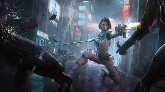 Cyberpunk Showdown in Neon Streets wallpaper