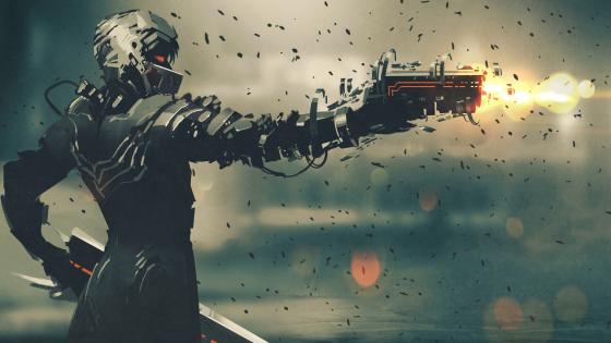 Cybernetic Warrior Firing Futuristic Weapon wallpaper