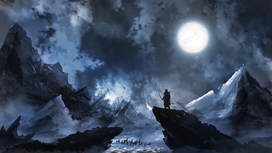 Moonlit Archer's Vigil on Snowy Peaks wallpaper