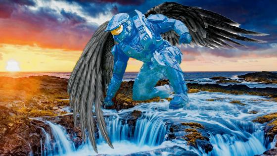 Armored Angel Descends on Rocky Shore wallpaper