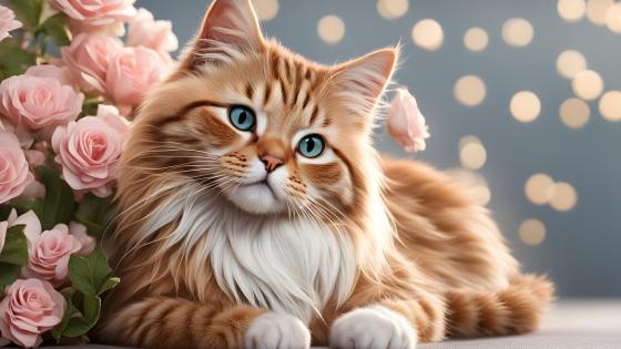 Enchanting Feline Amidst Blossoms wallpaper