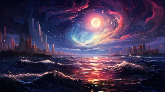 Surreal Cityscape at Cosmic Twilight wallpaper