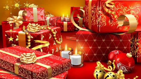 Christmas Red and Gold Holiday Presents wallpaper