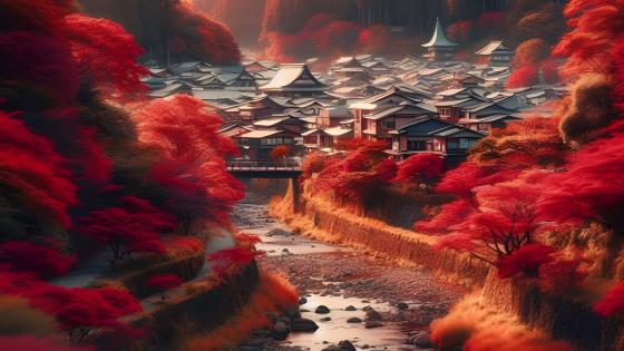 Autumn Embrace in a Tranquil Village wallpaper