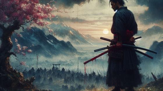 Samurai overlooking a bloody but beautiful battlefield wallpaper