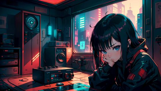 Cyberpunk Melancholy in Neon Glow wallpaper