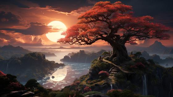 Mystical Sunset Under the Crimson Canopy wallpaper