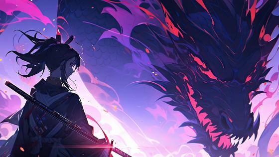 Samurai Girl Confronts Mythical Dragon wallpaper