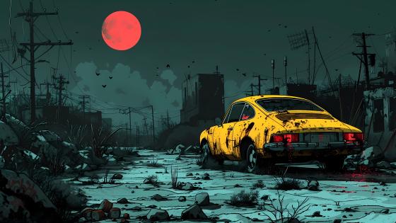 Desolate Journey under a Blood Moon wallpaper