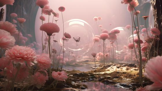 Dreamy Pink Flower Wonderland with Butterfly wallpaper