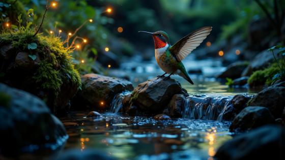 Enchanted Hummingbird by the Glowing Creek wallpaper