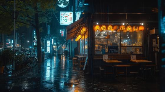 Rainy Night in an Oriental Cityscape wallpaper