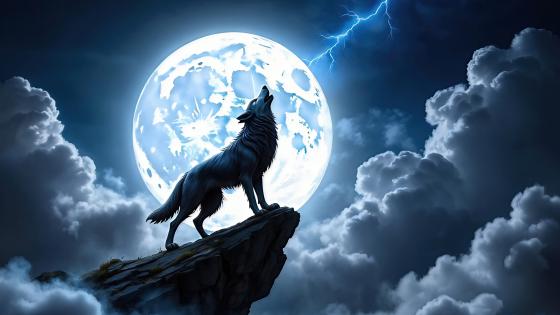 Howling Wolf Under Moonlit Thunderstorm wallpaper