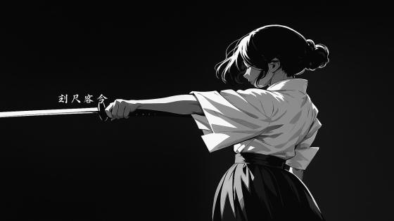 Samurai Girl's Resolute Stance in Monochrome Artistry wallpaper