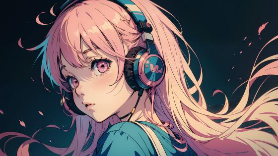 Anime Girl with Pink Hair and Headphones wallpaper