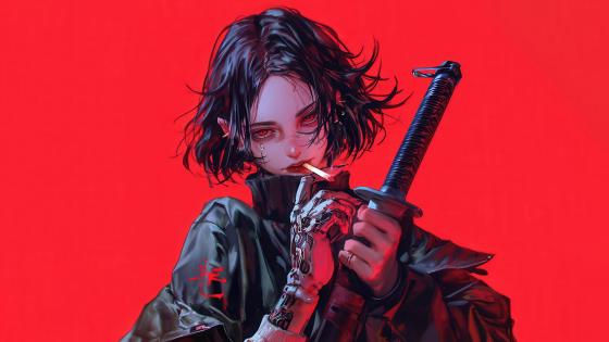 Cyberpunk Elegance Smoking in a Futuristic World wallpaper