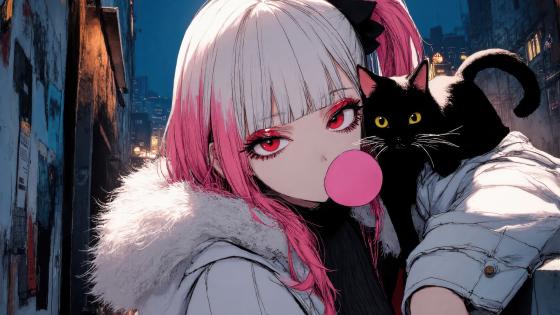 Anime Girl with Pink Hair and Black Cat Companion wallpaper