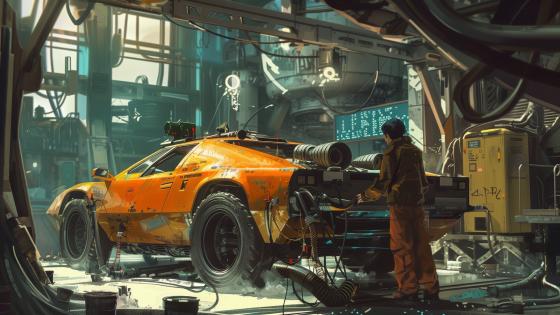 Futuristic Anime Garage Adventure wallpaper