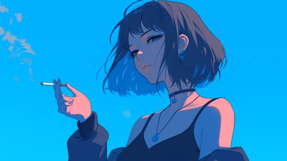 Smoking Serenity in Blue Anime Art wallpaper