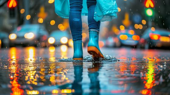 Puddle Adventure on a Rainy City Street wallpaper