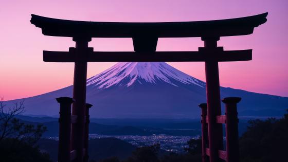 Torii Gate at Mt. Fuji Sunset in 8K Artistry wallpaper