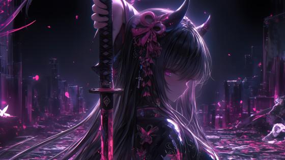 Mystical Samurai Anime Girl in a Futuristic Realm wallpaper