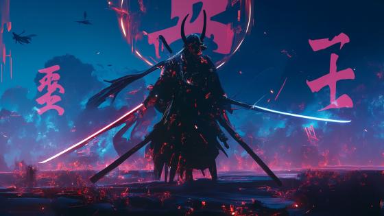Futuristic Samurai in a Neon-Drenched Realm wallpaper