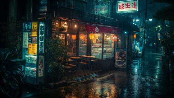 Rainy Night in an Oriental Cityscape wallpaper