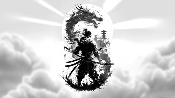 Samurai’s Dragon Spirit Awakening in Monochrome Glory wallpaper