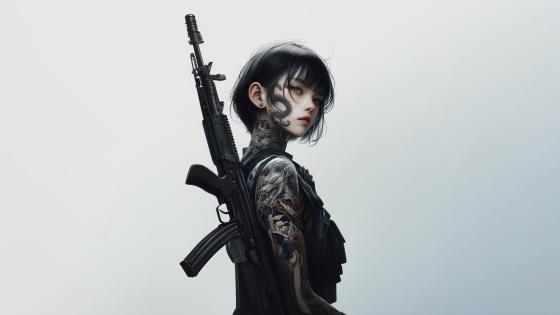 Tattooed Anime Warrior with Rifle in 8K wallpaper