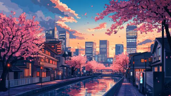 Anime Urban Serenity in Blooming Cityscape wallpaper